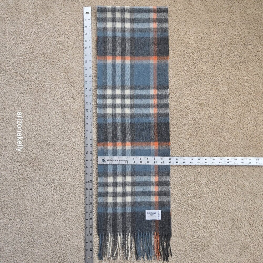 NWOT Edinburgh Lambswool Scarf Plaid Blue, Grey, and Orange Wool - Picture 2 of 8